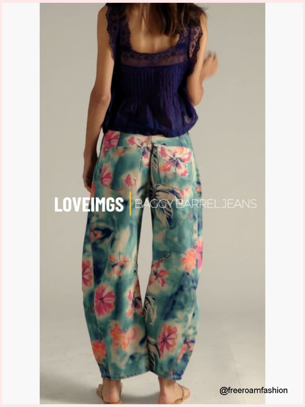 Women Boyfriend Baggy Barrel Jeans Floral Print Denim Ankle Pants Wide Leg Mid - Picture 7 of 7